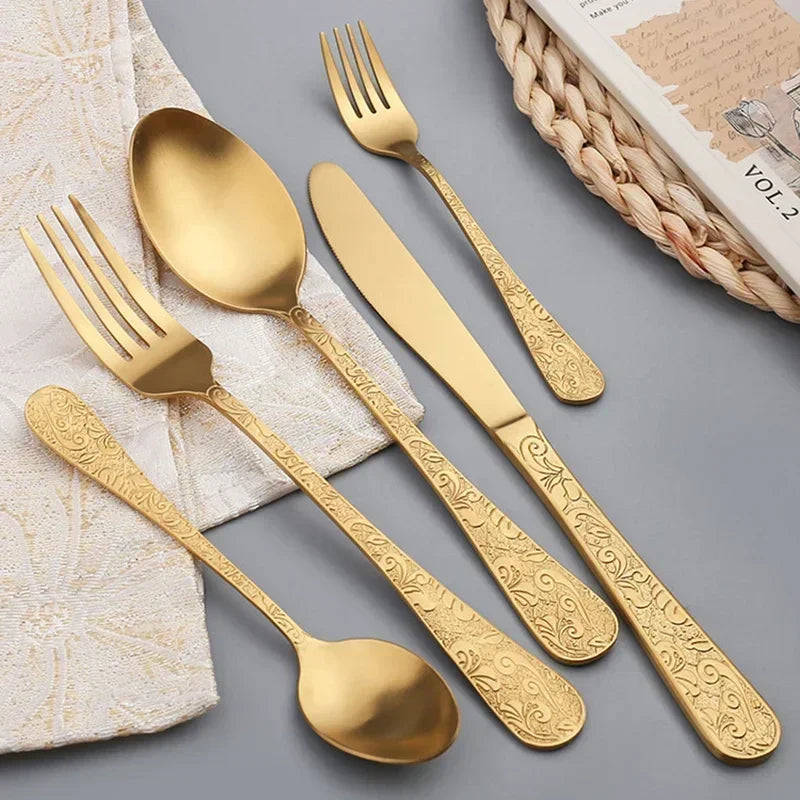 24pcs Golden Spoon Knife Fork Set Luxury Stainless Steel Tableware Set High-end Retro Complete Cutlery for 6 People Home Decor