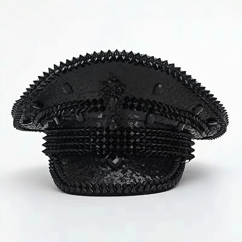 Black Sequin Festival Captain Hat Punk Rhinestone Masquerade Military Cap Handmade Sergeant Hat Bride Music Festival Cosplay