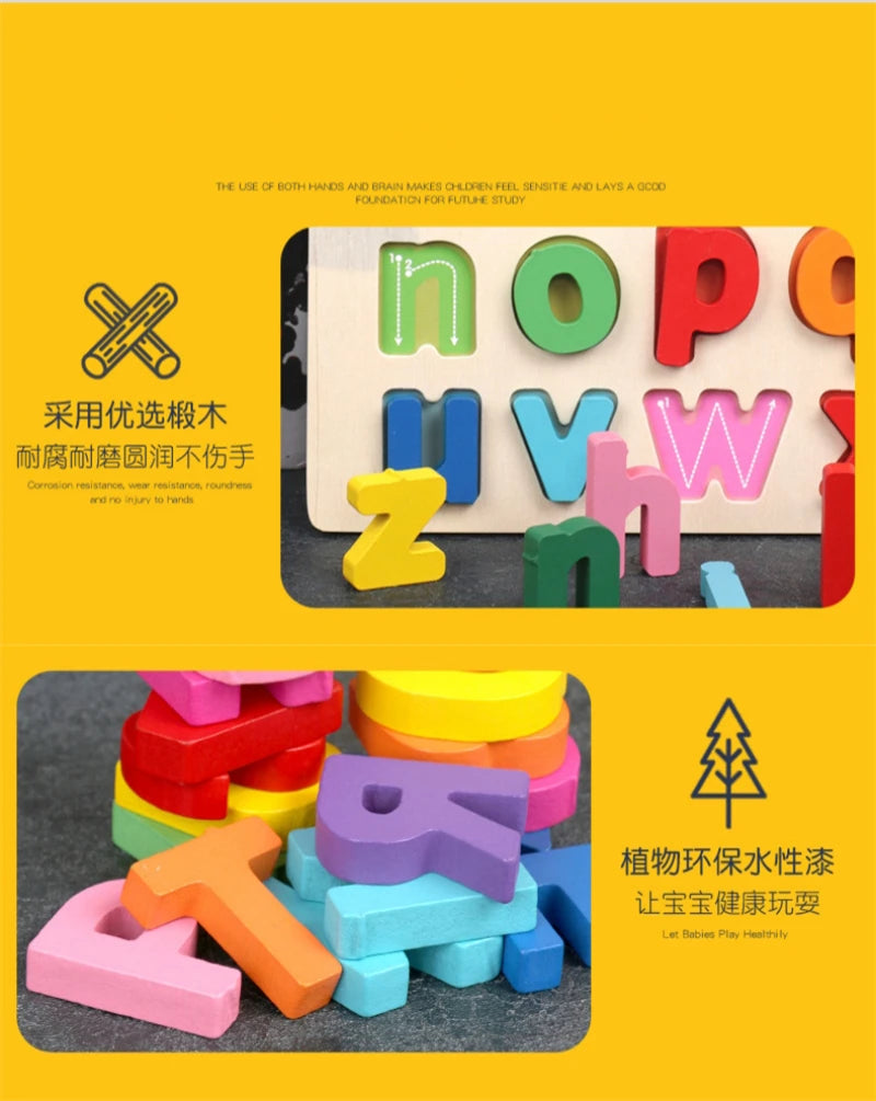 Montessori  Wooden Puzzle Toys  Cognitive Letter Number Hand Grab Puzzle Board Early Educational Toys for 2 to 4
