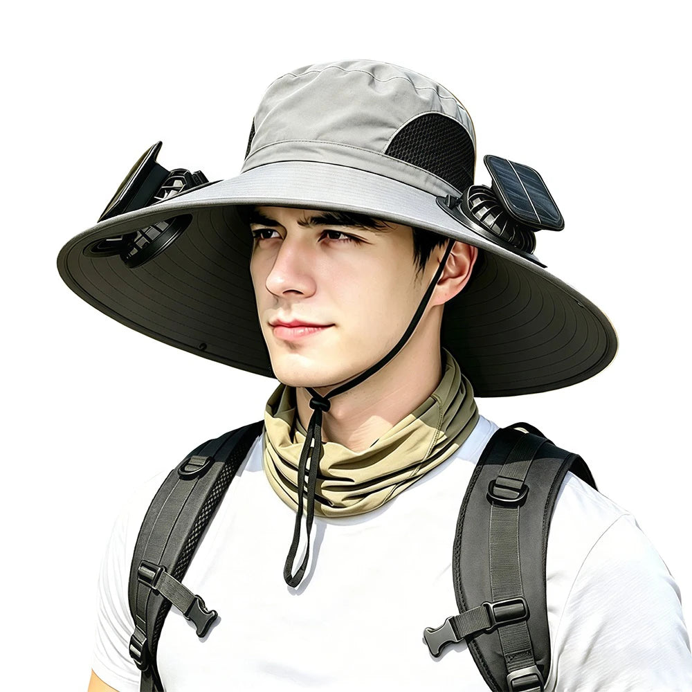 Wide Brim Solar Fan Sun Hat With Dual Fans