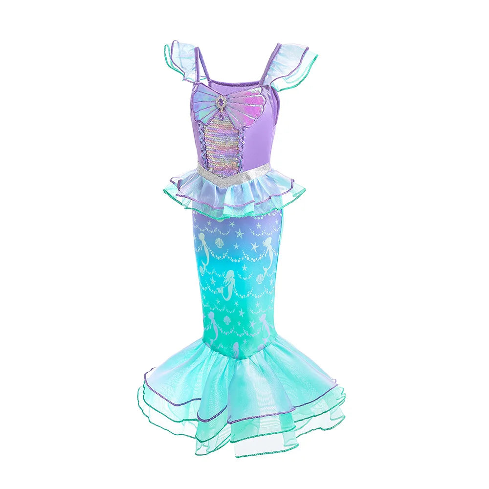 Mermaid Princess Dress for Girls - Summer flutter sleeves Sequin Tulle Dress Sparkling Ocean Themed Party Gown