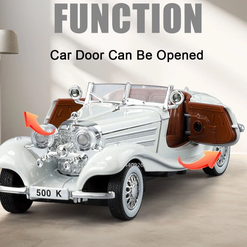 1:32 500K 300SL Vintage Car Model Toy Shock Absorption Alloy Diecast Vehicle Models Sound Light Pull Back Collection Gifts