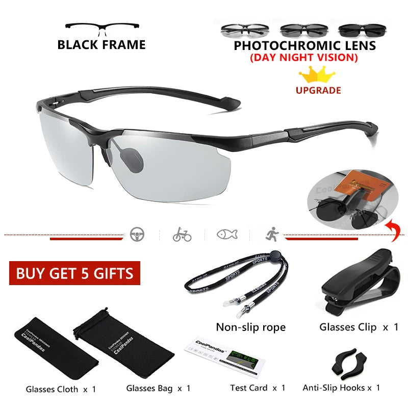 Aluminum Rimless Photochromic Polarized UV400 Day Night Driving Sunglasses for Men Women