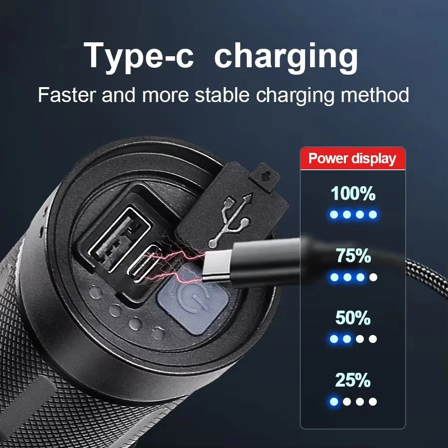 Ultra Bright LED Flashlight 12000mAh Rechargeable Zoomable Tactical Torch IPX6 Waterproof Power Bank