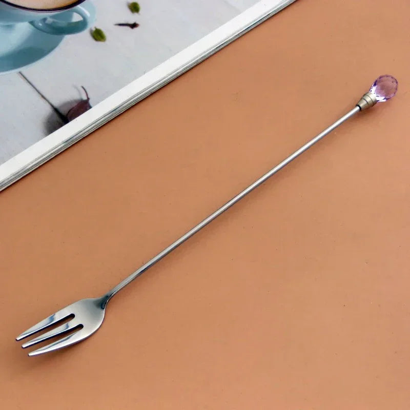 Stainless Steel Diamond Coffee Spoon and Fork Set Creative Crystal Long Handle, Perfect for Desserts, Ice Cream, Cake, and Fruit