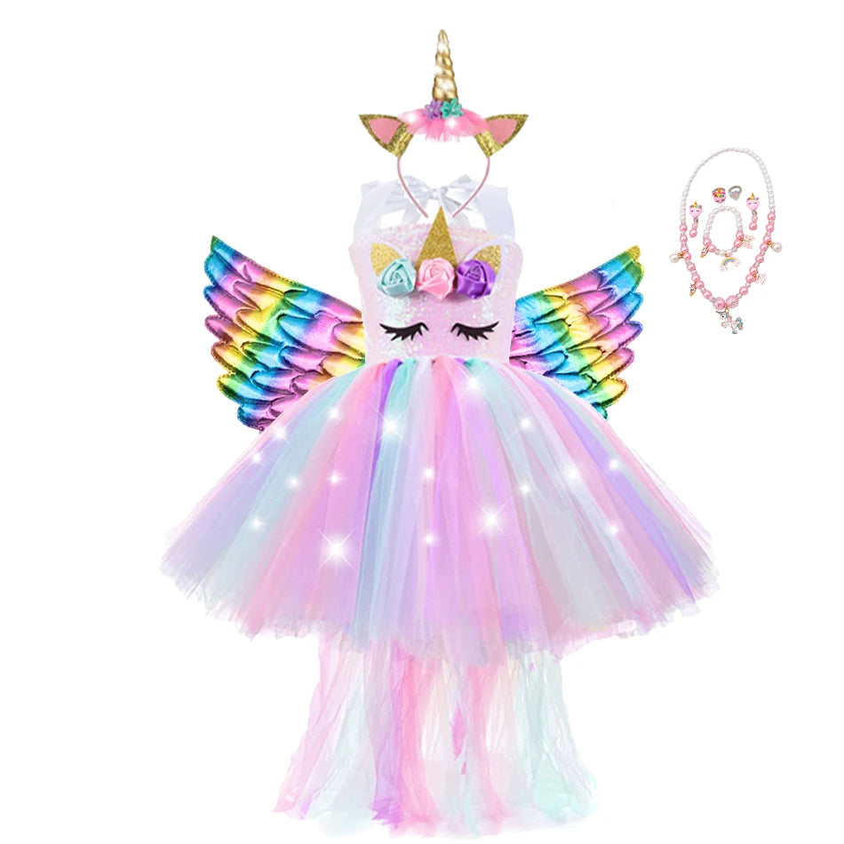 Girl Unicorn Dresses for Girls Tutu Princess Party Dresses with LED Lights Flower Birthday Party Cosplay Costume Girls Clothing