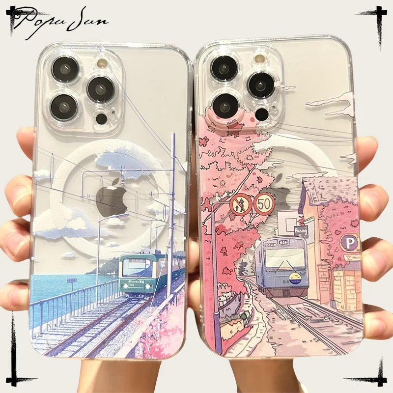 Hand Painted Anime Tram  Case for iPhone 16 15 14 Plus Magsafe Wireless Charge Cover