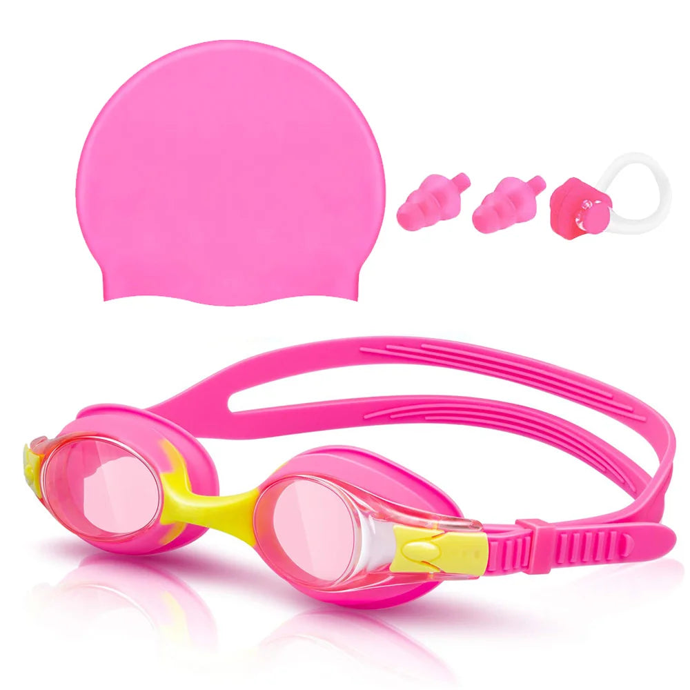 Kids Swim Goggles and Silicone Swim Cap set with Nose Clip Earplugs, Waterproof