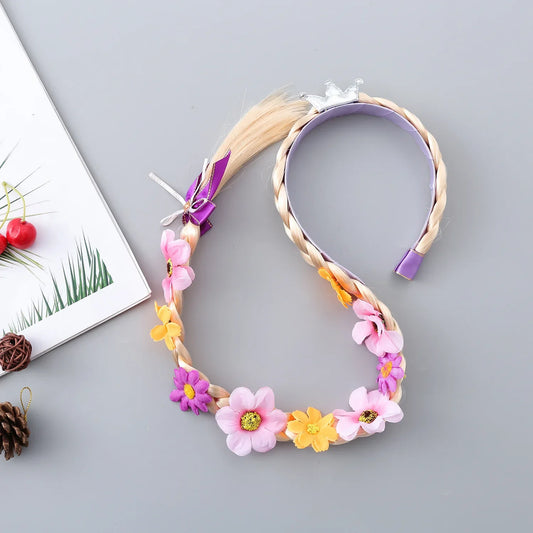 Girls Pink Blue Purple Flower Weaving Braid Headband Princess Dress Up Hair Accessories Aurora Elsa Sofia Rapunzel Wig