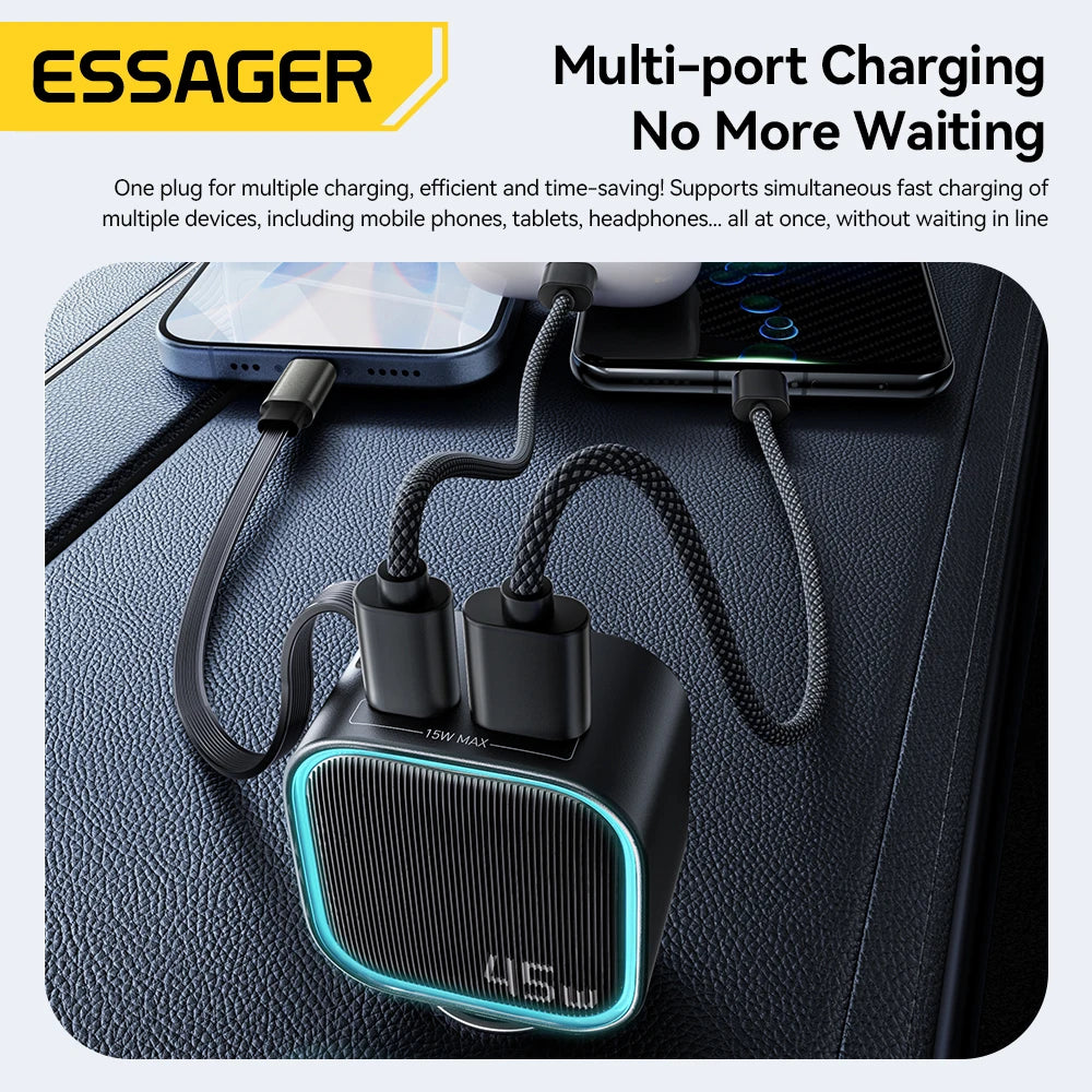45W Car Charger with 75CM Retractable Cable PD Fast Charging USB C & USB A 3 Port Adapter