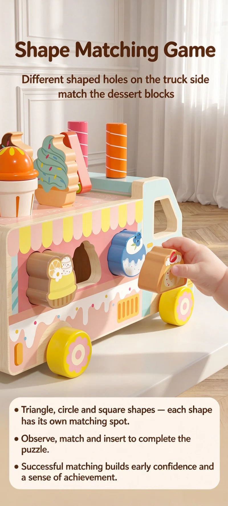 Wooden Rabbit Ice Cream Truck Shape Sorter and Pretend Play Toy