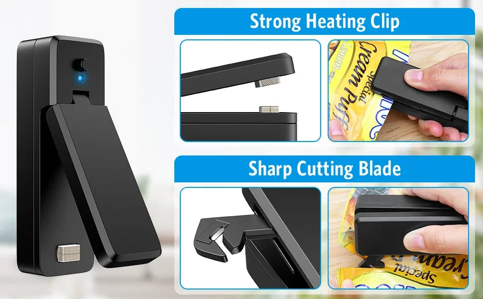2-in-1 Mini Rechargeable Bag Sealer & Cutter – Portable USB Vacuum Heat Sealer for Plastic Snack & Food Storage Bags