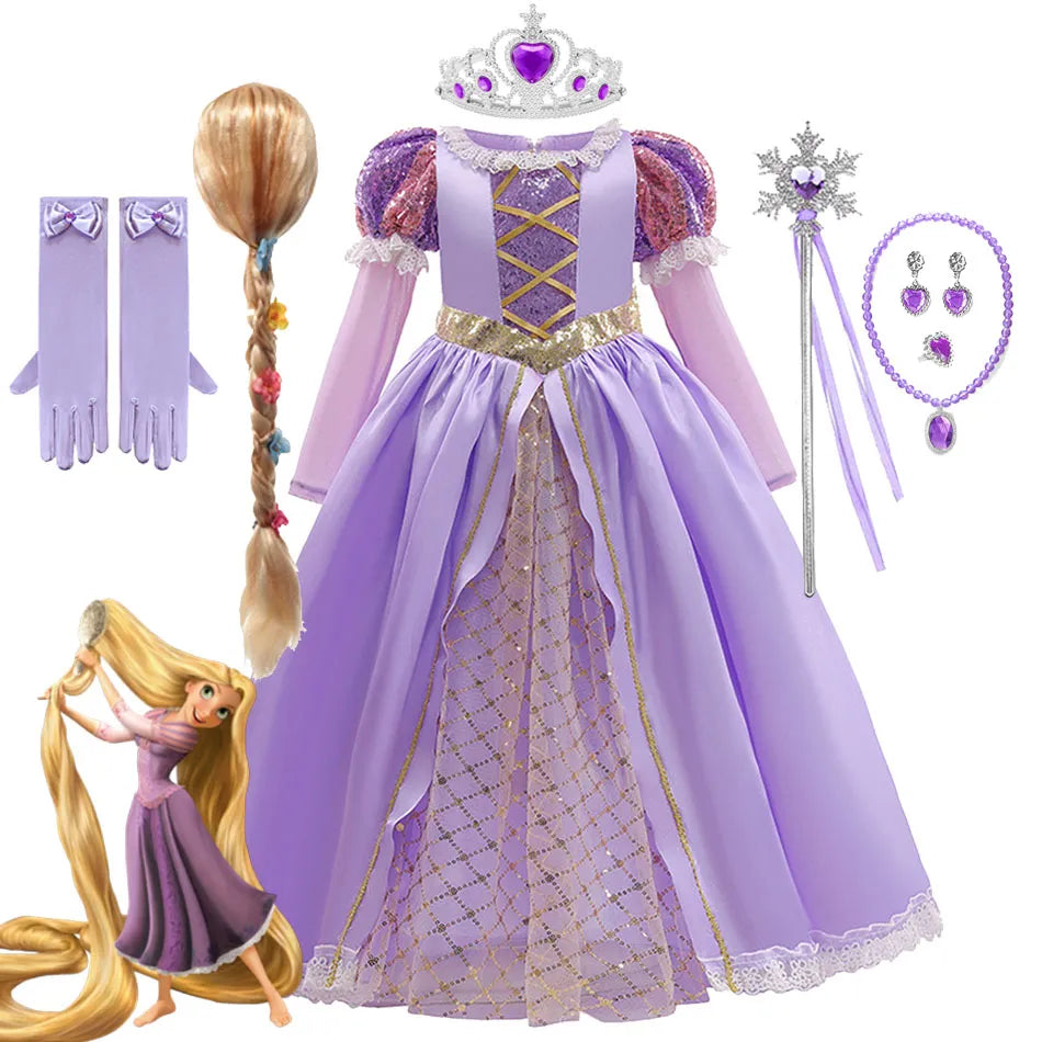 Rapunzel Princess Girl Dress Cosplay Tangled Halloween Party Vestido Kids Birthday Christmas