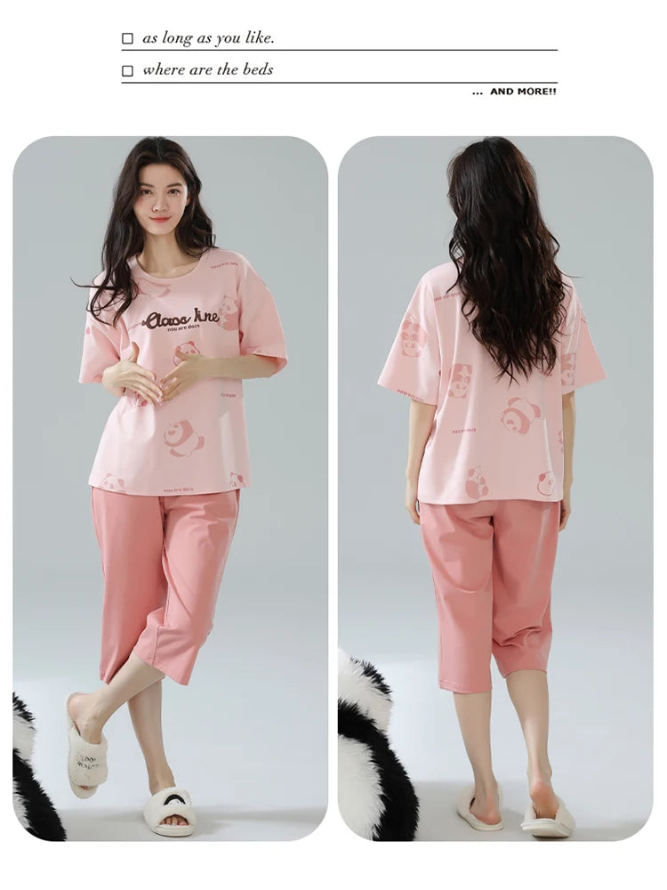 2-Pcs Women’s Summer Cotton Pajama Set – Short Sleeve Top & Calf-Length Pants with Cute Prints