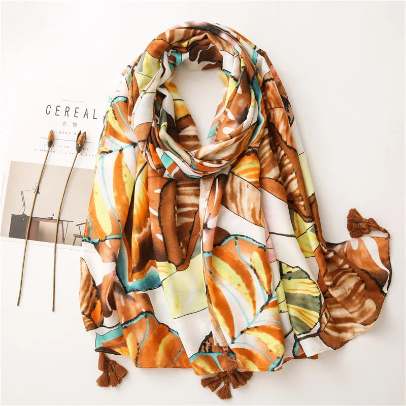 Beige Coffee Scarf Luxury Thin Women Scarves Spring Floral Hijab Veils Soft Cotton Shawl Wrap Tassel Viscose Muslim Woman Hijab