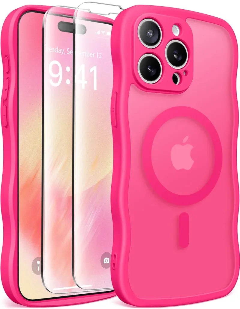 For iPhone 15 Pro Max Case Curly Wave Frame Shape Design Camera Protection Drop Shockproof Compatible with MagSafe Phone Case