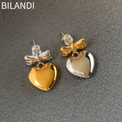 Asymmetrical Smooth Metal Bowknot Heart Earrings For Women Jewelry Senior Sense Sweet Korean Design