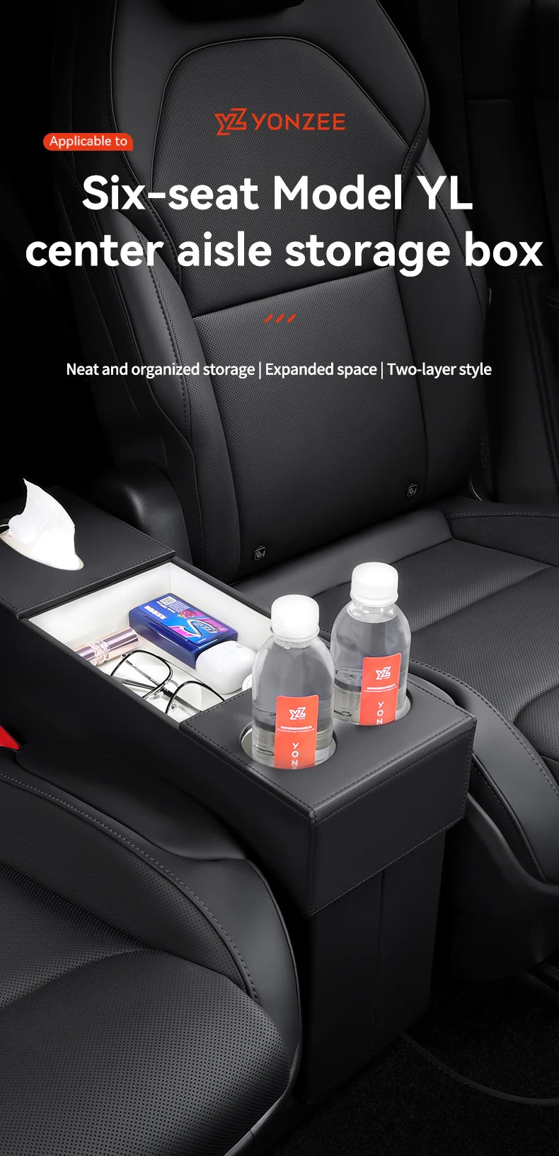 Second Row Aisle Storage Box for Tesla Model YL 6 Seater Multi Purpose Interior Organizer