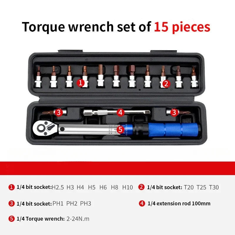 15-Piece Bicycle Torque Wrench Set 1/4" Drive 2-24Nm Bike Repair Tool Kit with Hex Bits, Torx & Extension for Bicycle & Motorcycle Maintenance