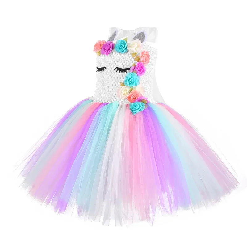 Rainbow Unicorn Princess Dress with Angel Wings Party Costume