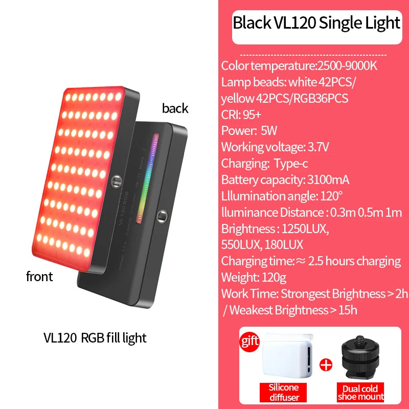 RGB LED Video Light 2500K–9000K Dimmable Photography Light Rechargeable Camera Fill Lamp