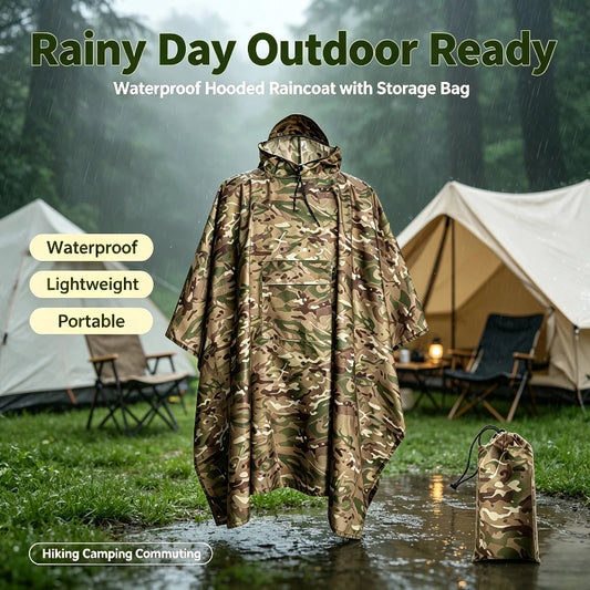 Camouflage Waterproof Rain Poncho with Hood and Storage Bag
