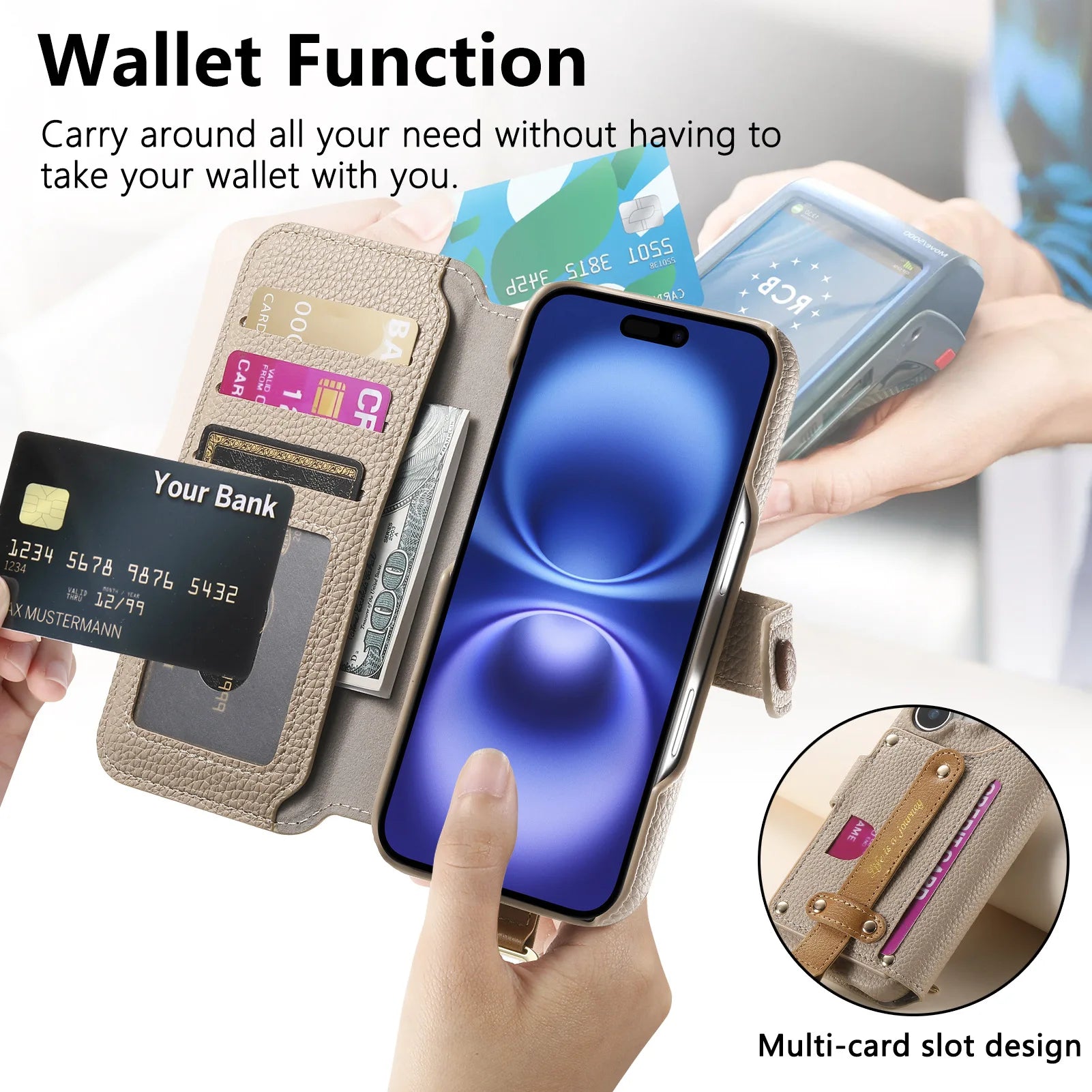 Wallet Flip Case for iPhone 16 15 Pro Max 14 Plus 16Pro 14Pro 15Pro Leather Strap Card Slots Zipper Cover