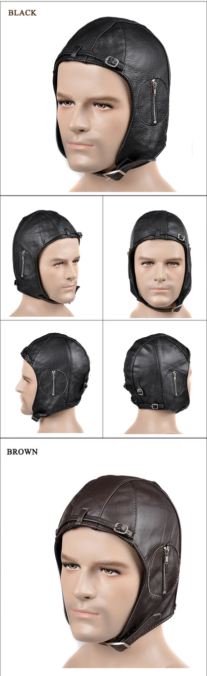 Winter Man Genuine Pure Leather Fur Pilot Flight Caps Male Black/brown Unique Windproof Motorcycle Helmet Hats