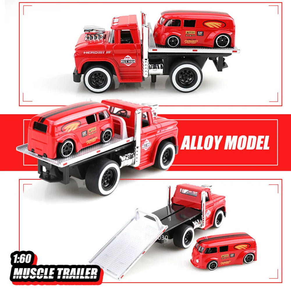 1:60 Scale American Muscle Alloy Trailer Cars Diecast Models Toys with Sound Light Pull Back Vehicle Boys Collection Gifts
