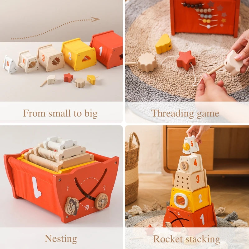 Montessori Rocket Toy Shape Matching Toy Wooden Stacked Building Block Toy Baby 5-in-1 Multifunctional Box  Delicate Wooden Gift