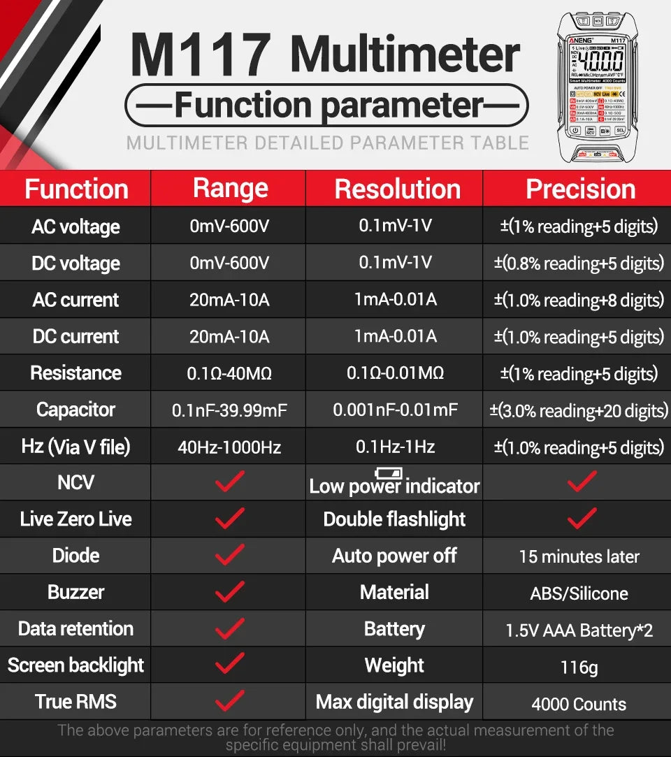 Capacitor Tester Resistance Current Voltage Multimetro 4000 Counts Instruments Meter Multimeters NCV Backlight Tools