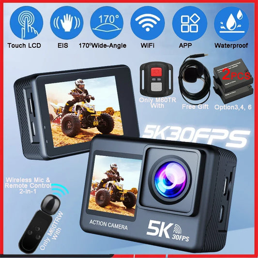 5K 4K60FPS Action Camera 50MP Dual Screen Touch Display WiFi EIS Waterproof Sports Camera with Wireless Microphone Support