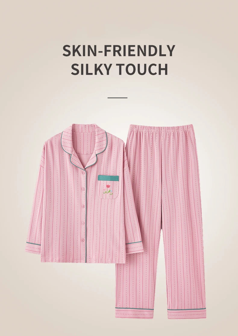 Women’s Winter 100% Cotton Pajama Set – Loose Fit, Turn-Down Collar, Long Sleeves, Cute Pink