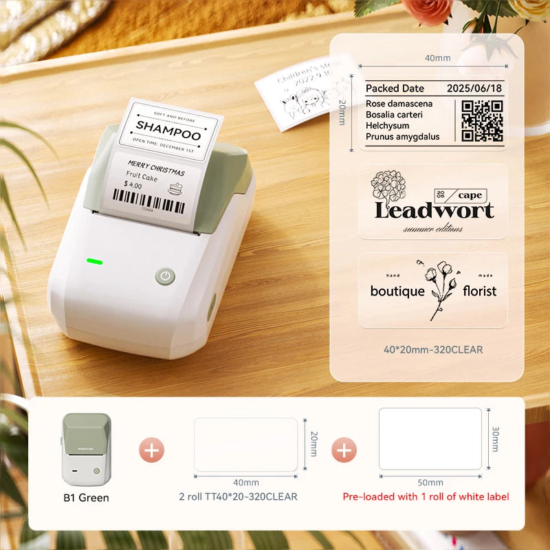 B1 Portable Label Printer, Bluetooth Wireless Mini Thermal Label Maker 20–50mm, Inkless Sticker Printer for Home & Business