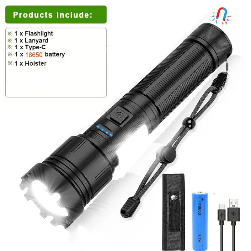 Rechargeable LED Flashlight With Magnetic Base Zoom And Power Display