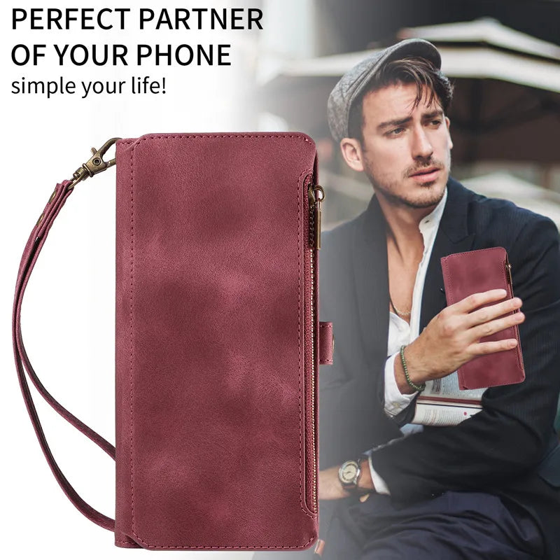 Luxury Leather Flip Wallet Case with Lanyard for Samsung Galaxy S26 / S25 / S24 / S23 Ultra & Plus – Magnetic Full Coverage Phone Bag Cover