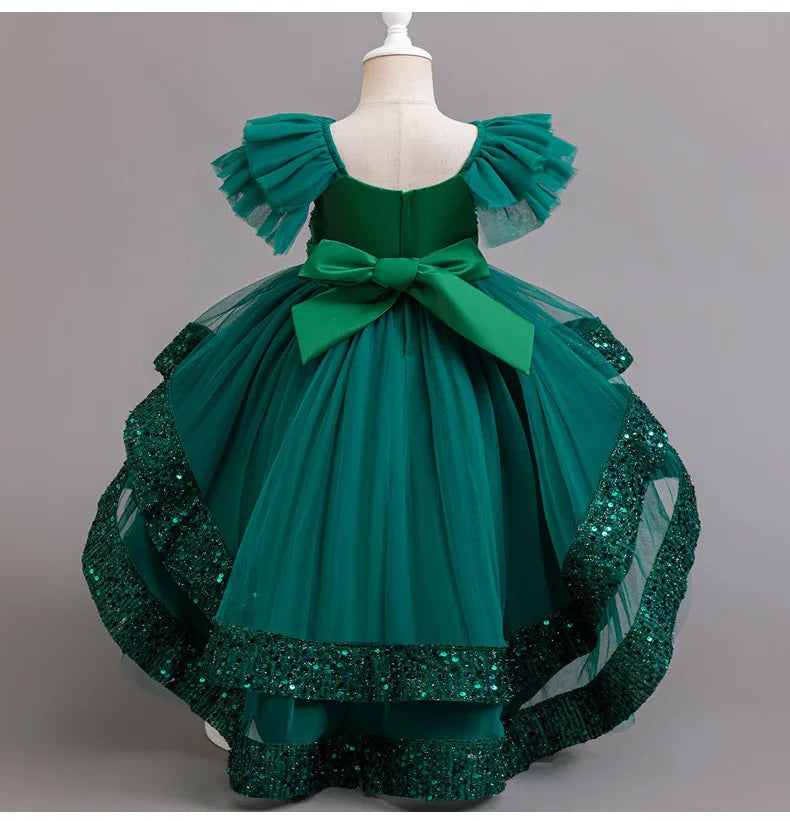 Sparkling Girls' Evening Gown - Sequin Dress with Train for Birthday Party & Piano Recital
