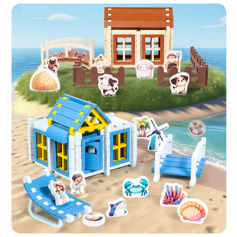 Wooden Beach Villa Building Blocks Construction Toy Set