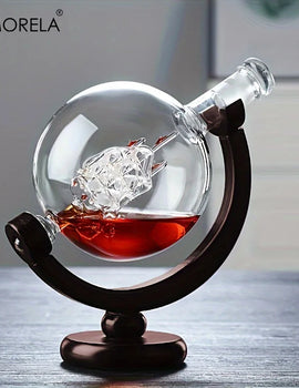 900ML Creative Globe Decanter Set with Lead-free Carafe Exquisite Wood-stand and 2 Glasses Whiskey Decanter Globe Grade Gift