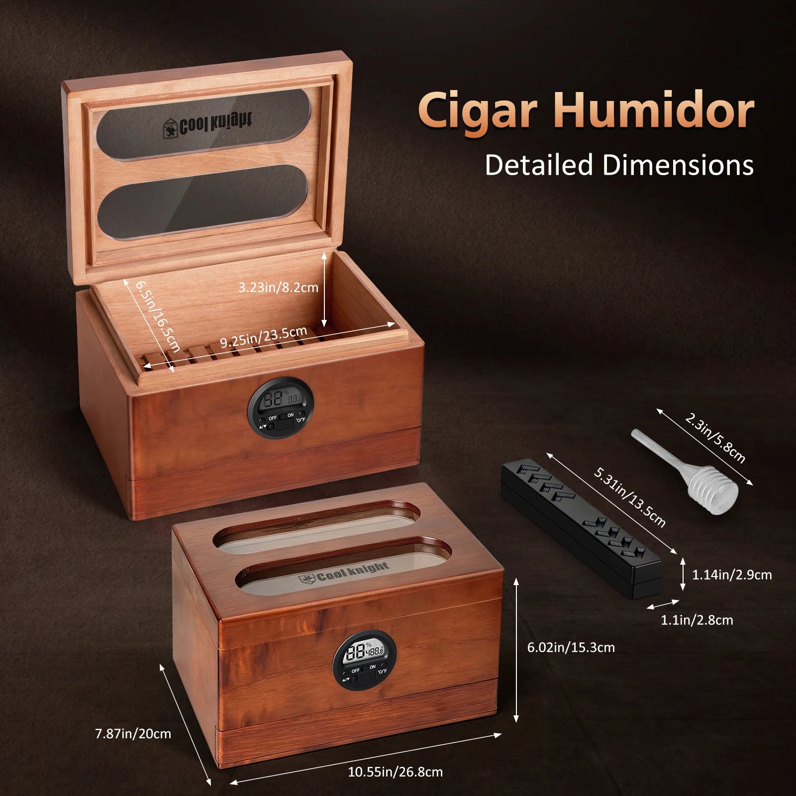 Cigar Humidor with Digital Hygrometer, Humidifier and Accessory Drawers, Glass Top Spanish Cedar Humidor, Holds 20-35 Cigars