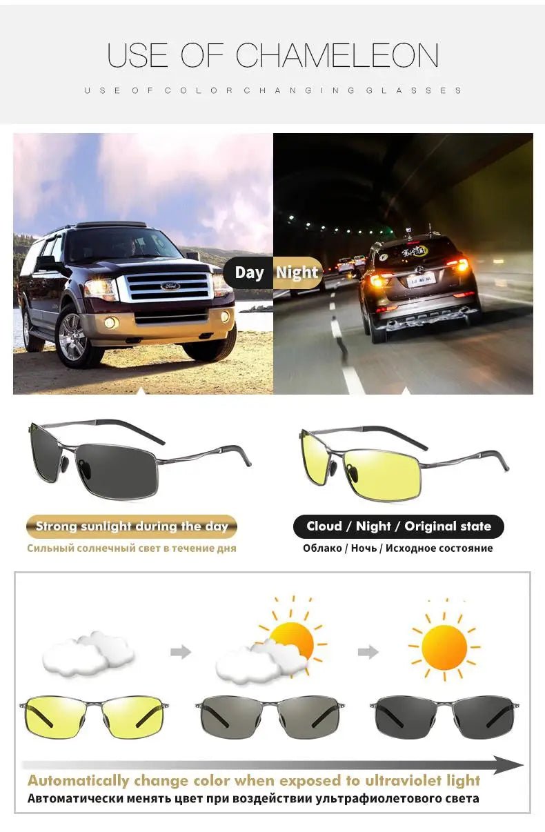 Aluminum Square Polarized Photochromic UV400 Day Night Driving Sunglasses for Men Women