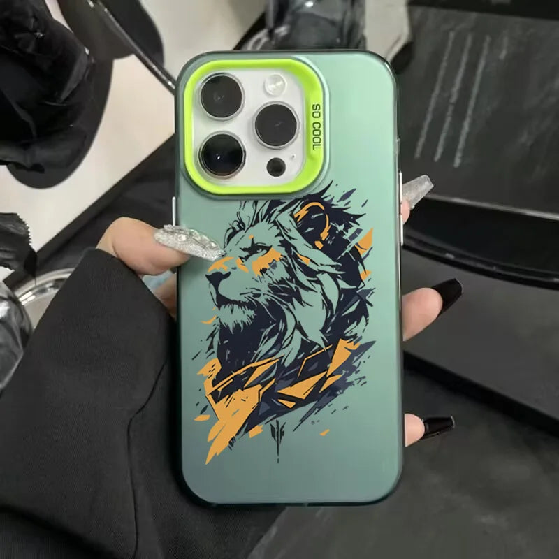 Cross Pattern Bicolor Lion Phone Case For iPhone 14 15 16 Pro Max Shockproof Anti Fall Back Cover