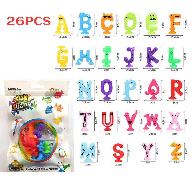 Number Letter Suction Cup Toys Soft Silicone Building Blocks Toy Animal Shape DIY Puzzle Game  Sensory Sucker Bath Toys