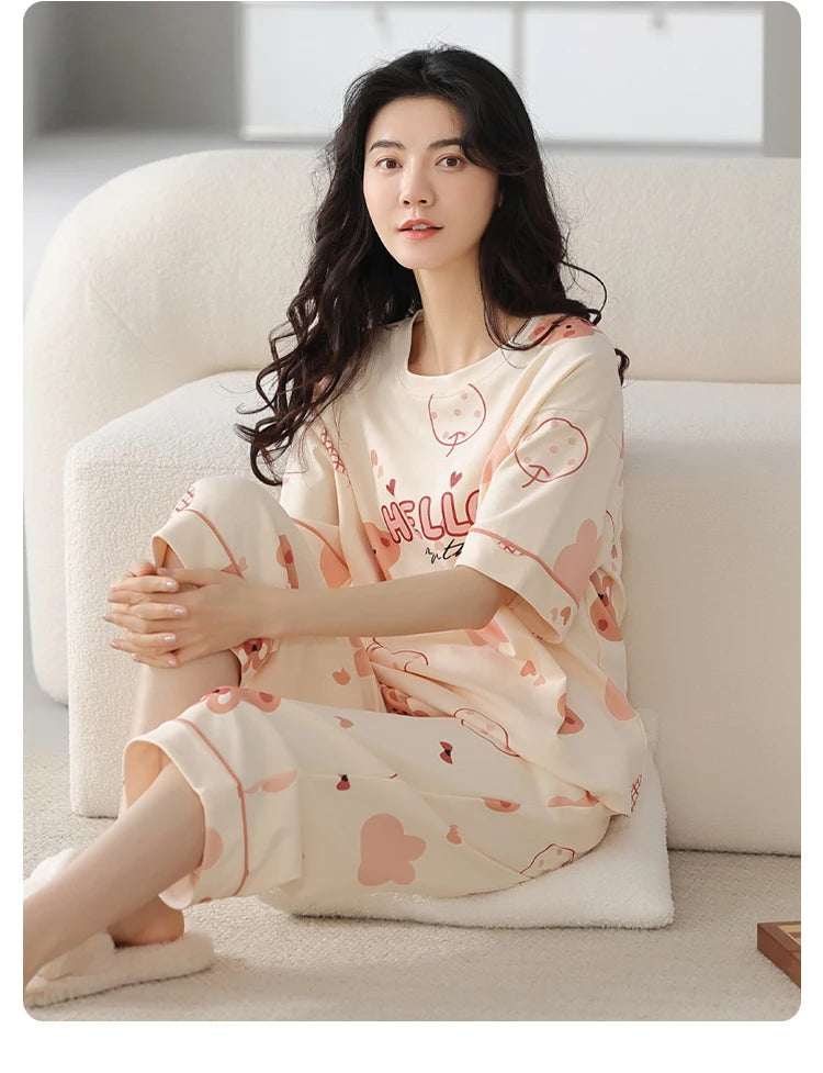 2-Pcs Women’s Cotton Pajama Set – Breathable Short Sleeve Summer Sleepwear with Cute Prints