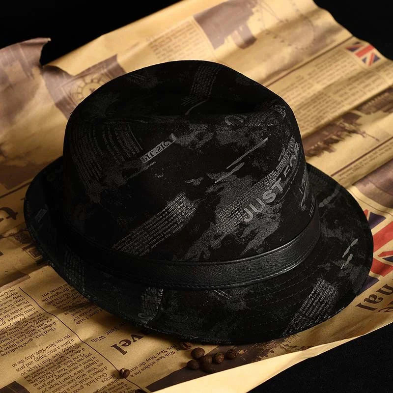 Male Perform High Quality Genuine Leather Print Jazz Fedora Gentleman Sheepskin Short Brim Top Hat Shows Topper