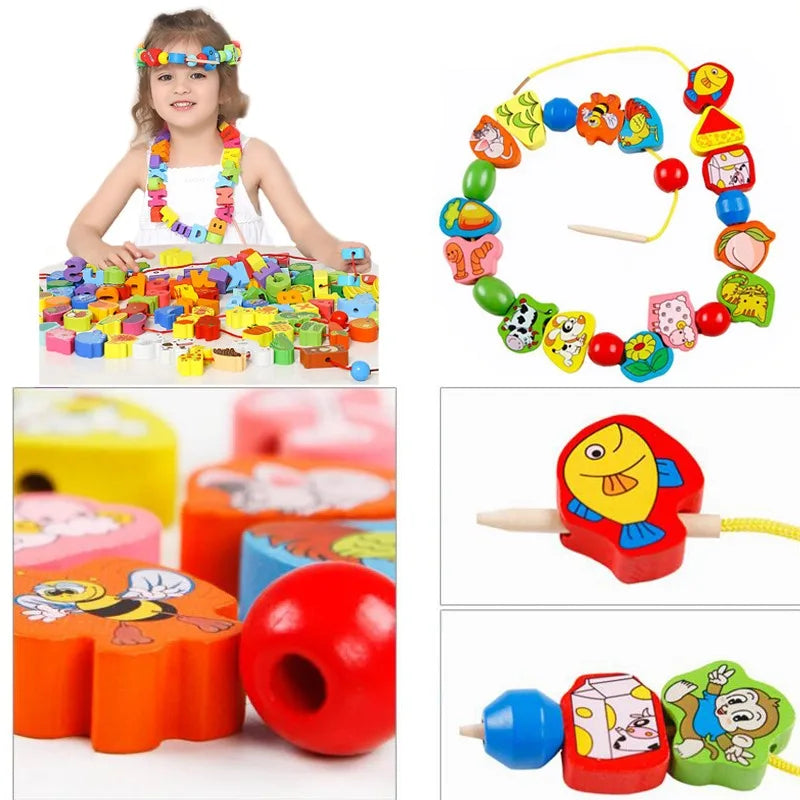 Monterssori Baby DIY Wooden Toys Cartoon Fruit Animal Stringing Threading Wooden Beads Educational Toys for Kids Christmas Gift