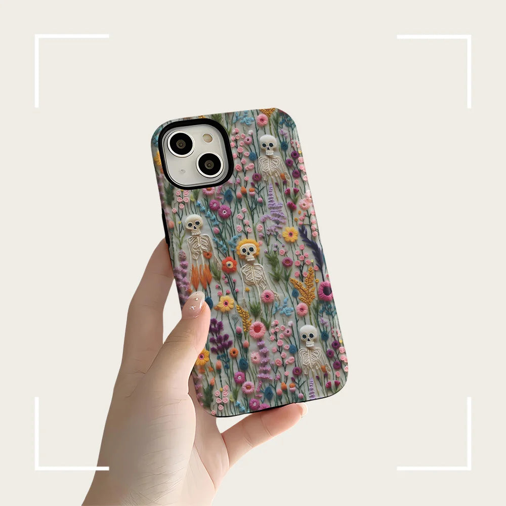 Fashion Embroidery Effect Skull Skeleton Phone Case For iPhone 16 15 Pro Max 16 Plus 2 in 1 Hard Protection Cover Funda