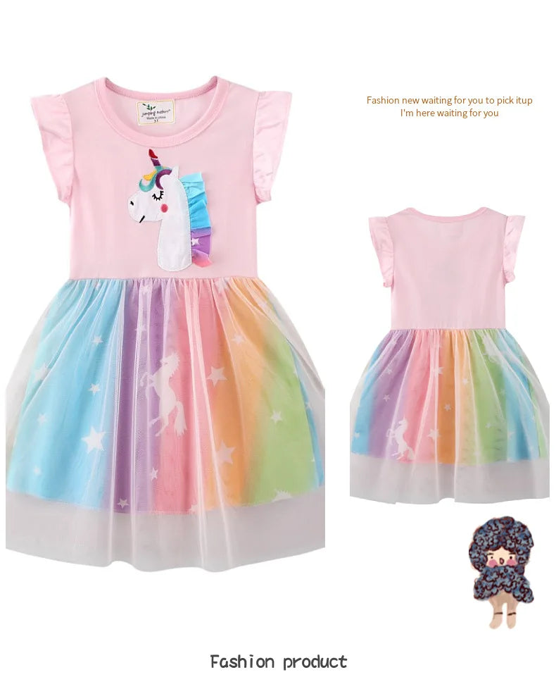 Unicorn Butterfly Princess Cotton Dress for Girls Summer Knee Length Dress