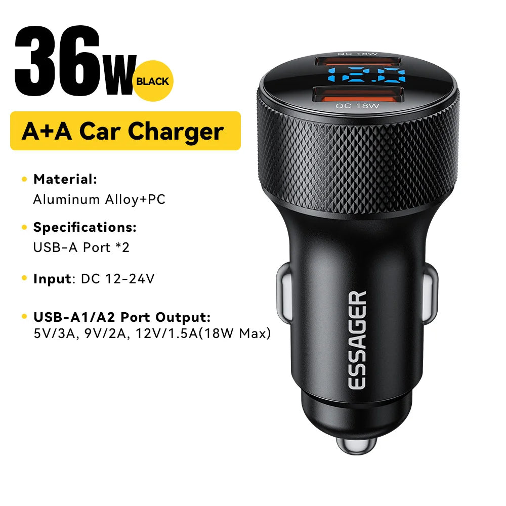 45W USB C Car Charger PD3.0 QC3.0 Fast Charging 2 Port Adapter with Digital Display