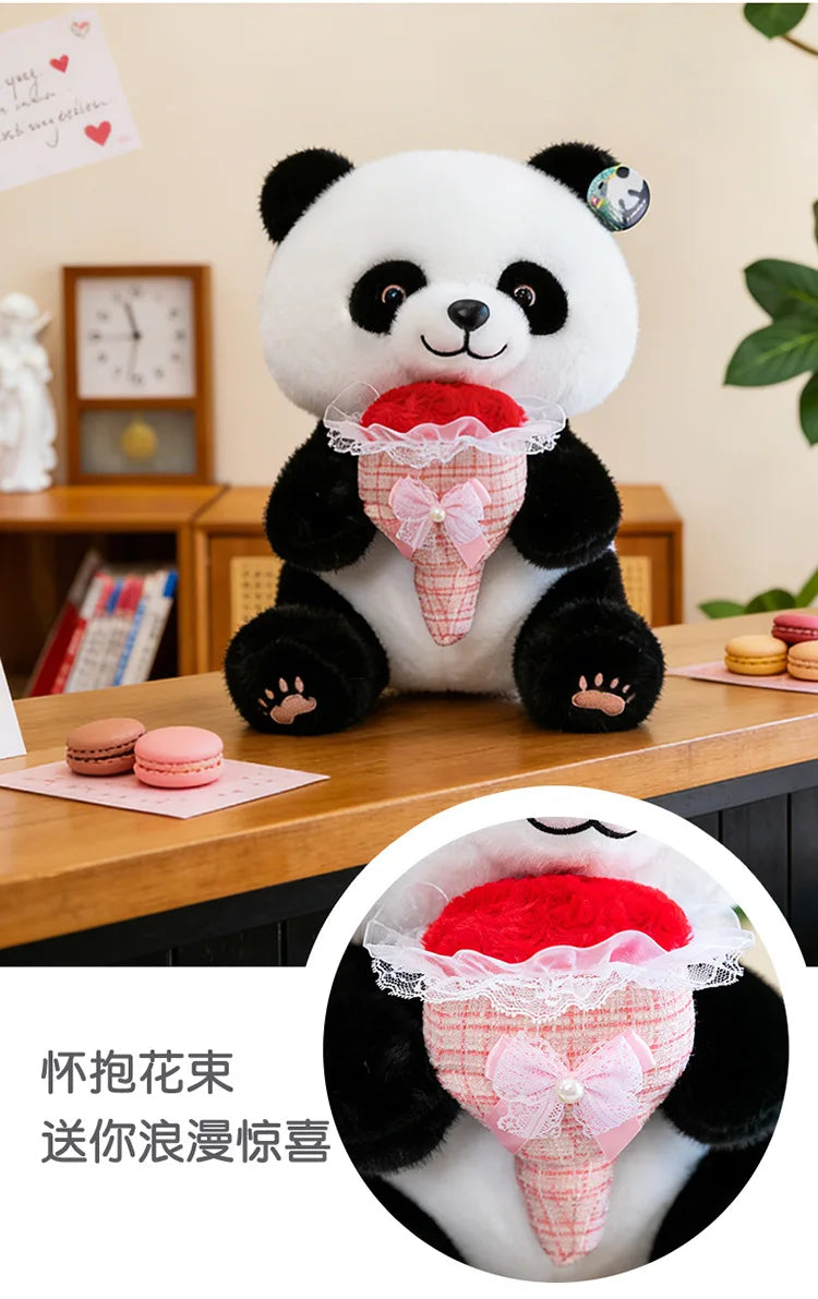 Kawaii Stuffed Doll Cute Panda Plush Toy with Flower Bouquet for Anime Lovers Kids Birthday Gift Stuffed Animal Gift for